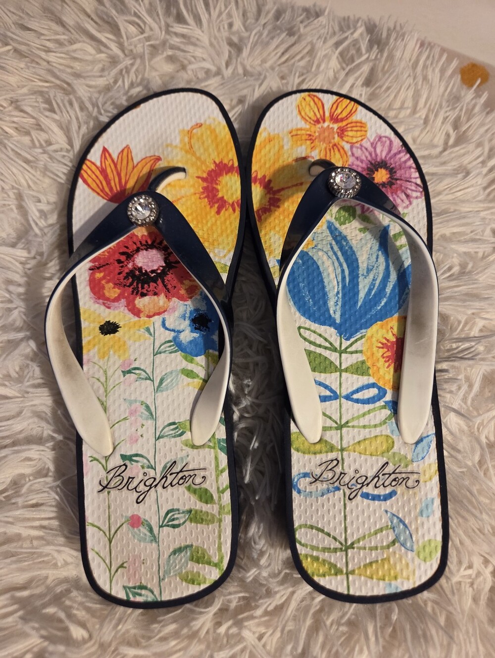 Brighton Wedge Navy and White Floral Flip Flops With Embelishment